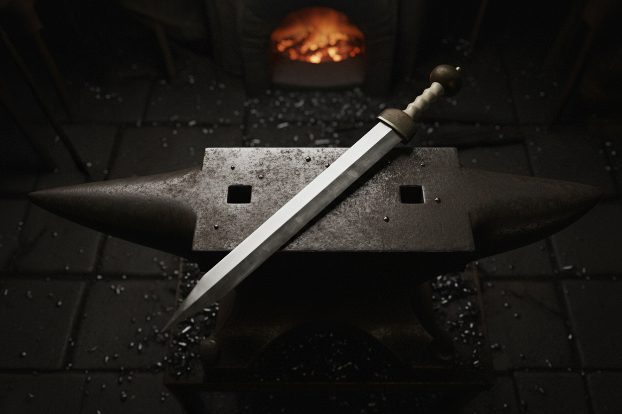 Gladius sword angled on anvil dark forge top-down